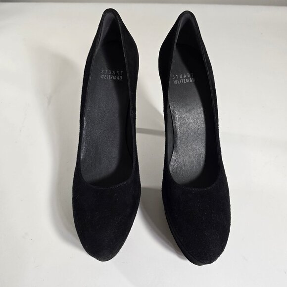 Stuart Weitzman Black Suede Platform Pumps Round Toe 7.5 N 5" Stiletto Heel - Picture 8 of 16
